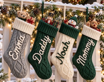 Personalized Cable Knit Christmas Stocking with Handmade Yarn Name, 18 Inch Family Stocking