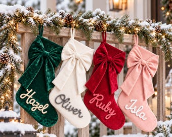 Personalized Velvet Christmas Stocking with Custom Yarn Name and Large Bow