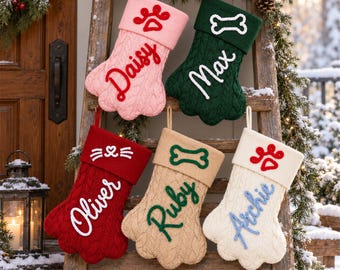 Personalized Pet Christmas Stocking, Dog Bone or Paw Stocking With Custom Name