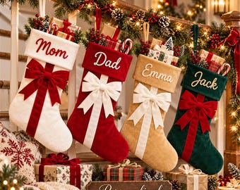Personalized Family Christmas Stocking with Custom Yarn Name and Velvet Bow
