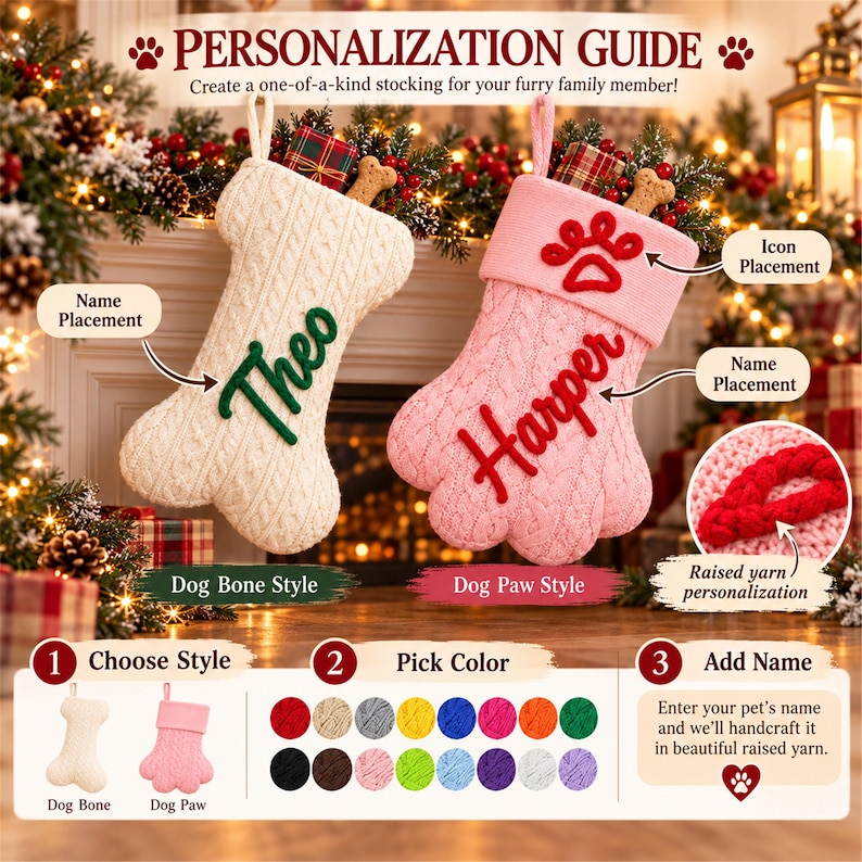May include: Two personalized pet stockings, one cream-colored bone-shaped and one pink paw-shaped, both featuring cable-knit textures and raised yarn names. The image includes text labels explaining customization options for style, color, and name placement.