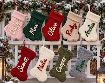Personalized Dog Christmas Stocking, Custom Pet Name Bone or Paw Knit Stocking