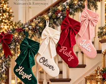 Personalized Christmas Stocking with Velvet Bow and Custom Handmade Yarn Lettering