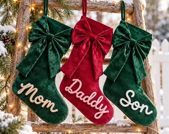 Personalized Velvet Stocking with Handmade Yarn Name for Christmas