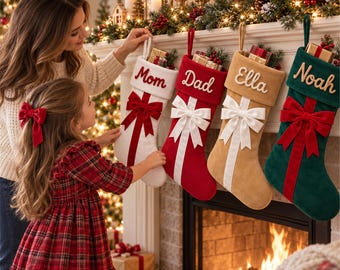 Personalized Custom Name Velvet Christmas Stocking with Large Bow