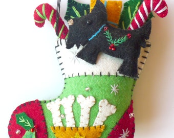 5" Scottish Terrier Dog with Candy Canes & Stocking Felt Applique Ornament