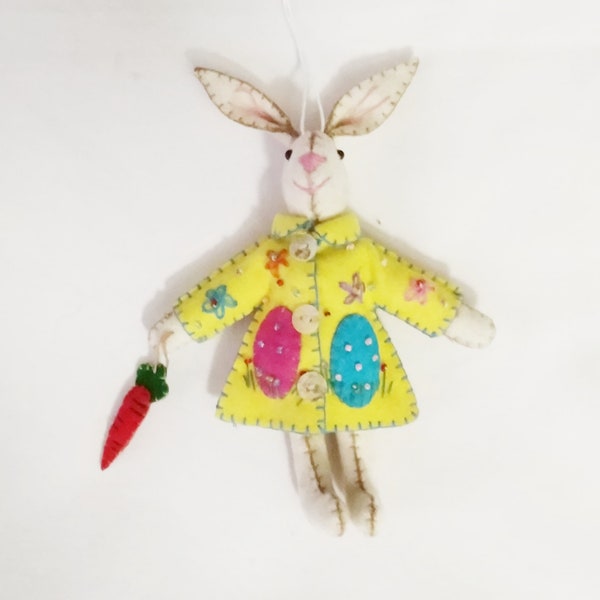 7.5" Bunny Rabbit in Yellow Coat  Handmade Wool Felt Applique Ornament