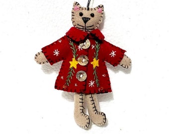 4.5" Cat in Red Coat Wool Felt Christmas Ornament