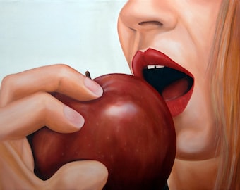 Original handmade painting portrait of a woman eating an apple cm 60 x 70 (19.7 x  27.6 in)