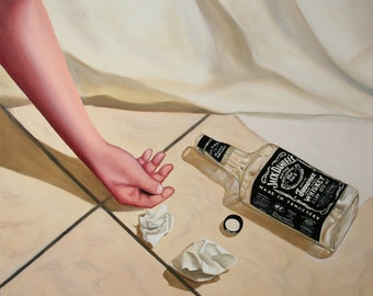 Original Handmade oil on canvas painting, Jack Daniels whisky, drunk