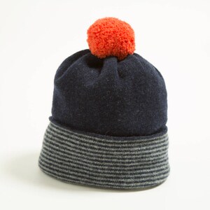 J Lambswool Pom Pom Knitted Hat navy/grey orange pom