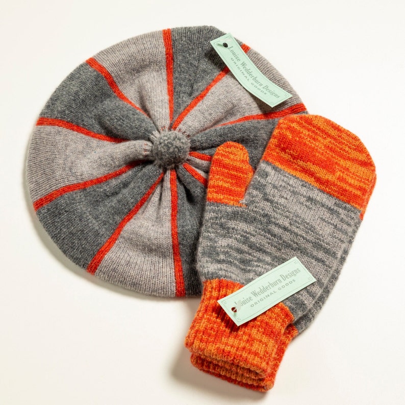 Ladies Beret and Mitten set MANGO/GREY