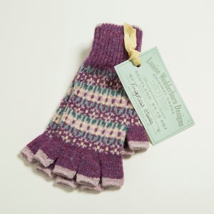 F Ladies Shetland Fingerless, knitted Fairisle gloves purple/lilac tipping