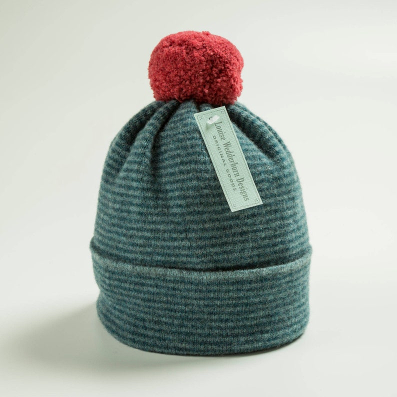 K Stripe Pom Pom Hats Teal/Moss + Coral