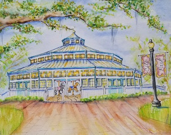 Print of Historic City Park Carousel Flying Horses New Orleans Print with Mat 11x14"