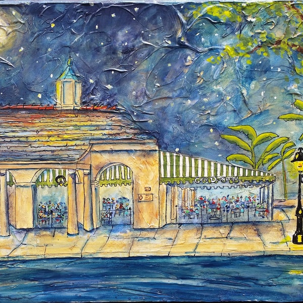 Print of Cafe du Monde Beignet and Cafe au Lait in New Orleans Decatur Street French Quarter at Night Print with Mat 11x14"