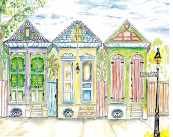 Print of Three Mardi Gras Shotgun French Quarter Royal Street New Orleans Houses Print with Mat 11x14"