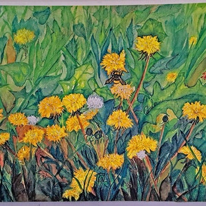 Print of Yellow Wild Flowers with bee Print with Mat 11x14&quot;