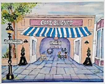 Print of Cafe Beignet Coffee and Beignets Restuarant, Royal Street, in the New Orleans French Quarter with Mat 11x14"