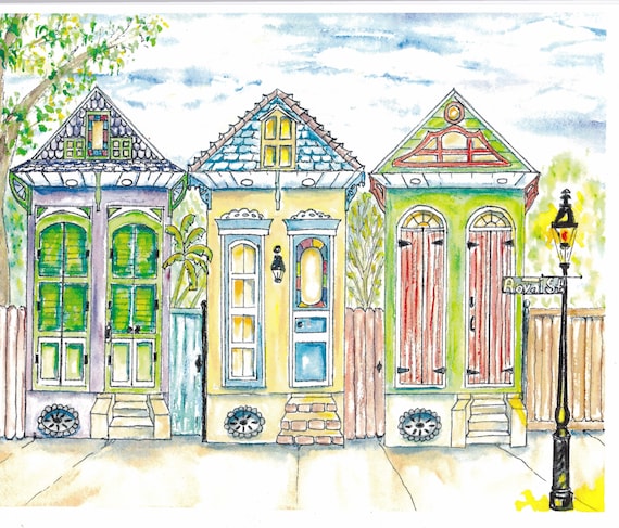 Print of Three Mardi Gras Shotgun French Quarter Royal Street New Orleans Houses Print with Mat 11x14"
