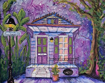 Print of a Blue shotgun house on Frenchman Street with green shutters and a cat in New Orleans with Mat 11x14"