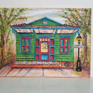 Print of a green shotgun house on Rampart Street in New Orleans with Mat 11x14&quot;