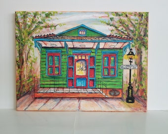 Print of a green shotgun house on Rampart Street in New Orleans with Mat 11x14"