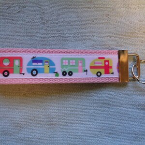 Handcrafted Pastel Camper Travel Trailer Retro Vintage Design 5&quot; Key Fob/Chain Pink Webbing Wristlet Glamper Theme