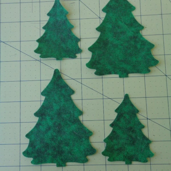 Set of Four Pine Tree Iron On Appliques Mottled Green Print Mountain Forest Lodge Camp Theme