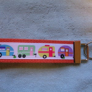 Handcrafted Pastel Camper Travel Trailer Retro Vintage Design 5&quot; Key Fob/Chain Orange Webbing Wristlet Glamper Theme