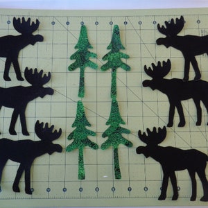 Set of 12 Northwoods Moose and Pine Tree Iron On Appliques Pine Needle Print Trees Mountain Forest Theme