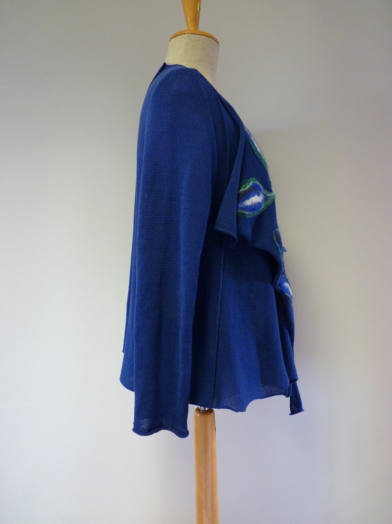 Artsy blue cotton cardigan with wool decoration size XL.