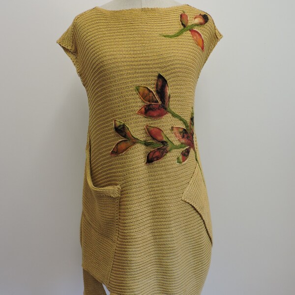 Boho, ocher, linen, tunic with wool decoration, size L.