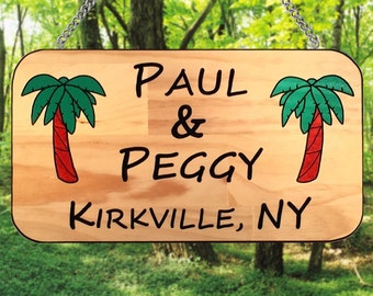 Personalized Camp or RV Sign, Palm Trees, Family Sign, Wood Sign, Hand Carved Sign, Outdoor, Porch sign, Patio Sign, Cabin Sign, RV Sign