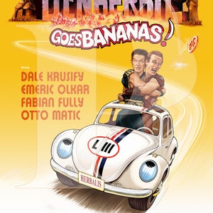 May include: A movie poster with a yellow background featuring a white Volkswagen Beetle with a red, white, and blue stripe. The car is labeled "Herbalis" and has a large "L III" on the side. The poster is titled "Ben-Herbie Goes Bananas!" with the text "A Tale of the Beetle" below. The poster features the names of the actors, including Dale Krusify, Emeric Olkar, Fabian Fully, and Otto Matic.