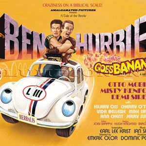 May include: A vintage movie poster for the film "Ben-Hur Goes Bananas!" featuring a white Volkswagen Beetle with a red, white, and blue racing stripe and the text "L III" on the side. The poster is yellow with a red and white title and features two men in Roman garb driving the car.