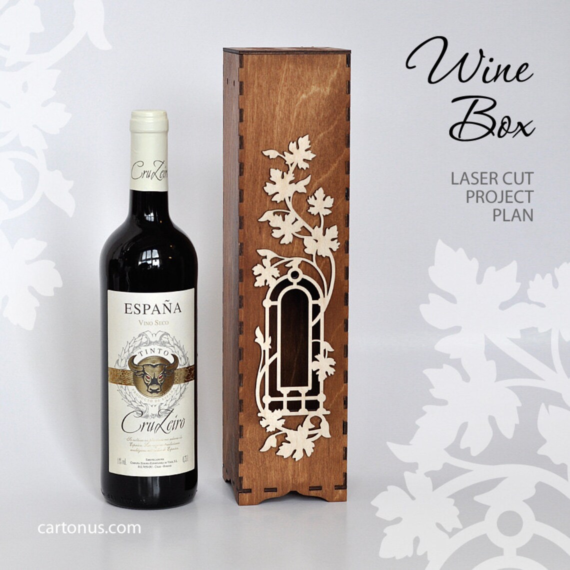 Wine box with window and decorative frame. Laser cut pattern. Etsy