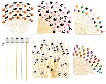 May include: A collection of Halloween-themed food picks. The picks feature various designs, including pumpkins, bats, skulls, ghosts, and other spooky shapes. The picks are made of wood and have colorful, decorative toppers, perfect for Halloween parties.