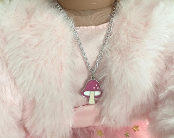 18" Doll Mushroom Necklace-Doll Jewelry-18"-21" Silver Retro Charm Doll Necklace-Pink Mushroom Doll Necklace-Groovy Doll Necklace