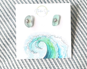 Sterling Silver Sea Glass Post Stud Earrings-Beach Glass Studs-Sea Glass Post Earrings-Sea Glass-Aqua-Light Green Sea Glass Earrings