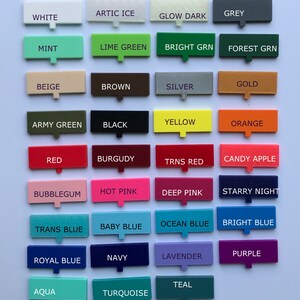 May include: A colour chart with 24 different colour swatches, each labelled with a colour name. The colours include white, arctic ice, glow dark, grey, mint, lime green, bright green, forest green, beige, brown, silver, gold, army green, black, yellow, orange, red, burgundy, trans red, candy apple, bubblegum, hot pink, deep pink, starry night, trans blue, baby blue, ocean blue, bright blue, royal blue, navy, lavender, purple, aqua, teal, and turquoise.