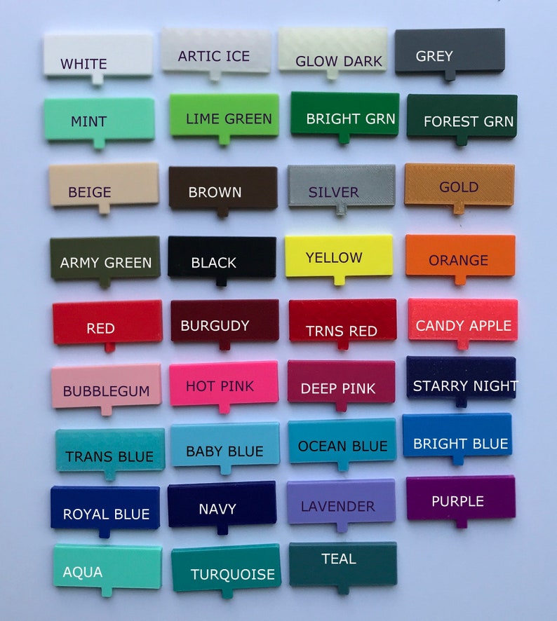May include: A colour chart with 24 different colour swatches, each labelled with a colour name. The colours include white, arctic ice, glow dark, grey, mint, lime green, bright green, forest green, beige, brown, silver, gold, army green, black, yellow, orange, red, burgundy, trans red, candy apple, bubblegum, hot pink, deep pink, starry night, trans blue, baby blue, ocean blue, bright blue, royal blue, navy, lavender, purple, aqua, teal, and turquoise.