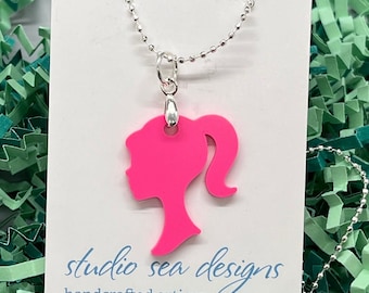Girl Silhouette Necklace-Pink Doll Necklace-Girly Necklace-Sterling Silver Necklace-Doll Silhouette Necklace-Retro Necklace