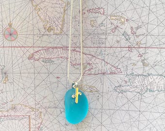 Turquoise Blue Sea Glass Necklace-Recycled Glass Necklace-Sterling Silver Sea Glass Necklace-Beach Themed Necklace-Silver Nautical Jewelry