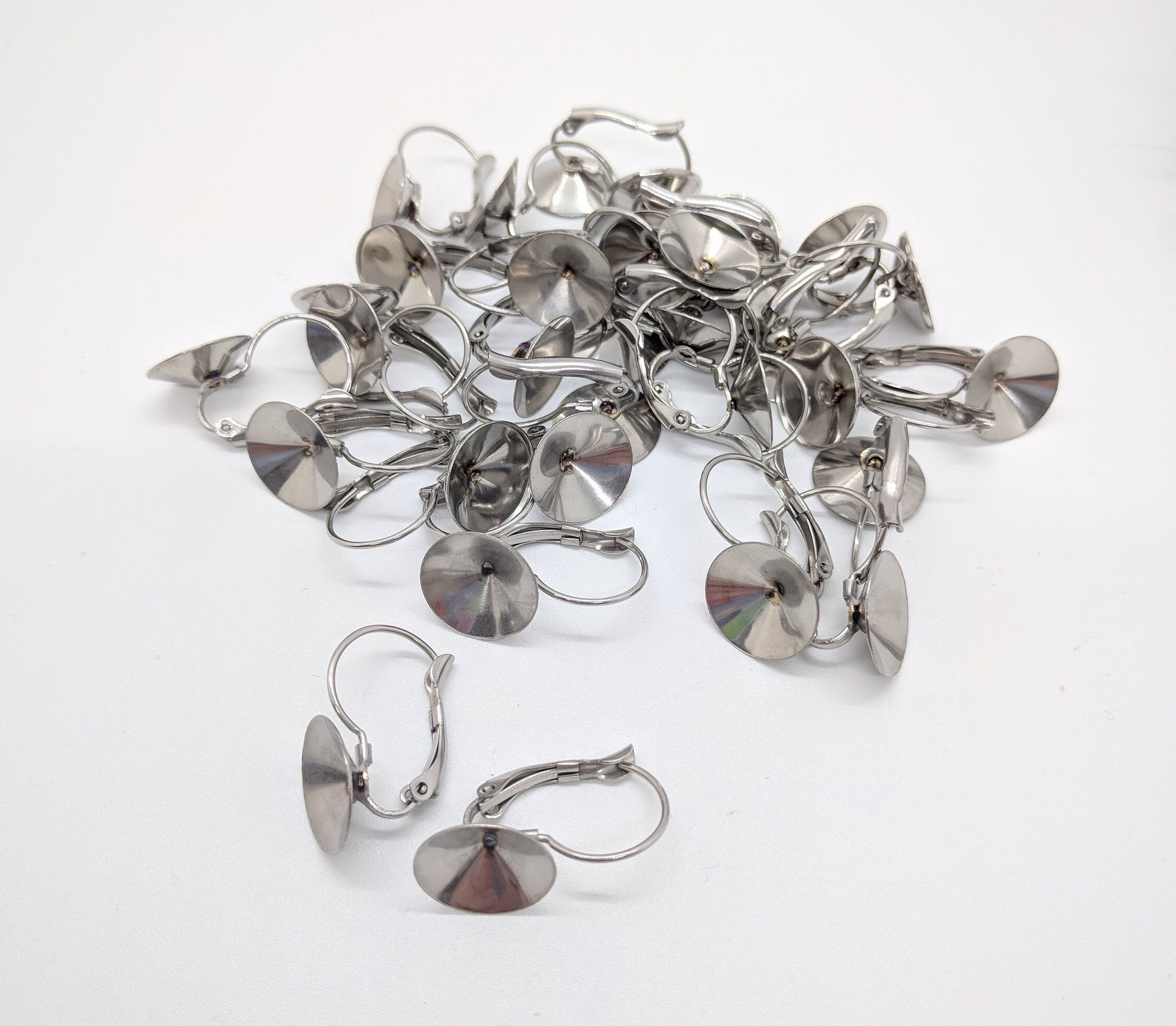 10 Pieces 316L Stainless Steel French Lever Back Earring Settings - 10mm To 25mm Cabochon Size - Silver