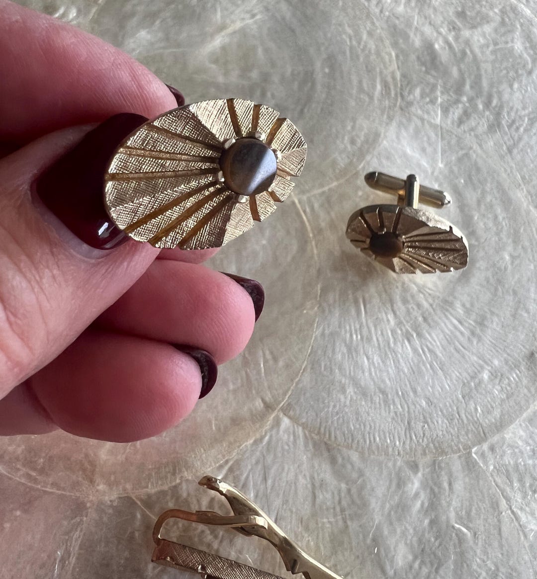Boutons De Manchette Et Barrette De Cravate Swank En Jade Vert Ovale - Occasion