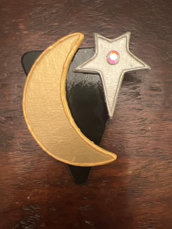 Handcrafted Moon and Star Paper & Paint Pin Brooch