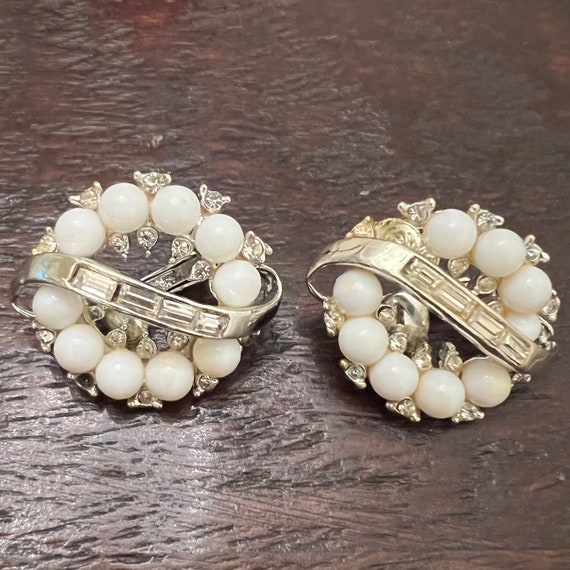 White Bead and Rhinestone Clip-On Button Earrings