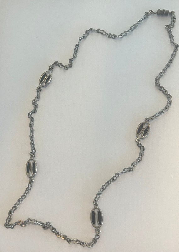 Silvertone Chain Necklace with Black Enamel Detail