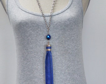 Blue Leather Tassel Necklace - Blue Leather Tassel Necklace - Bohemian Necklace - Leather Tassel Necklace - Leather Tassel - Blue Leather